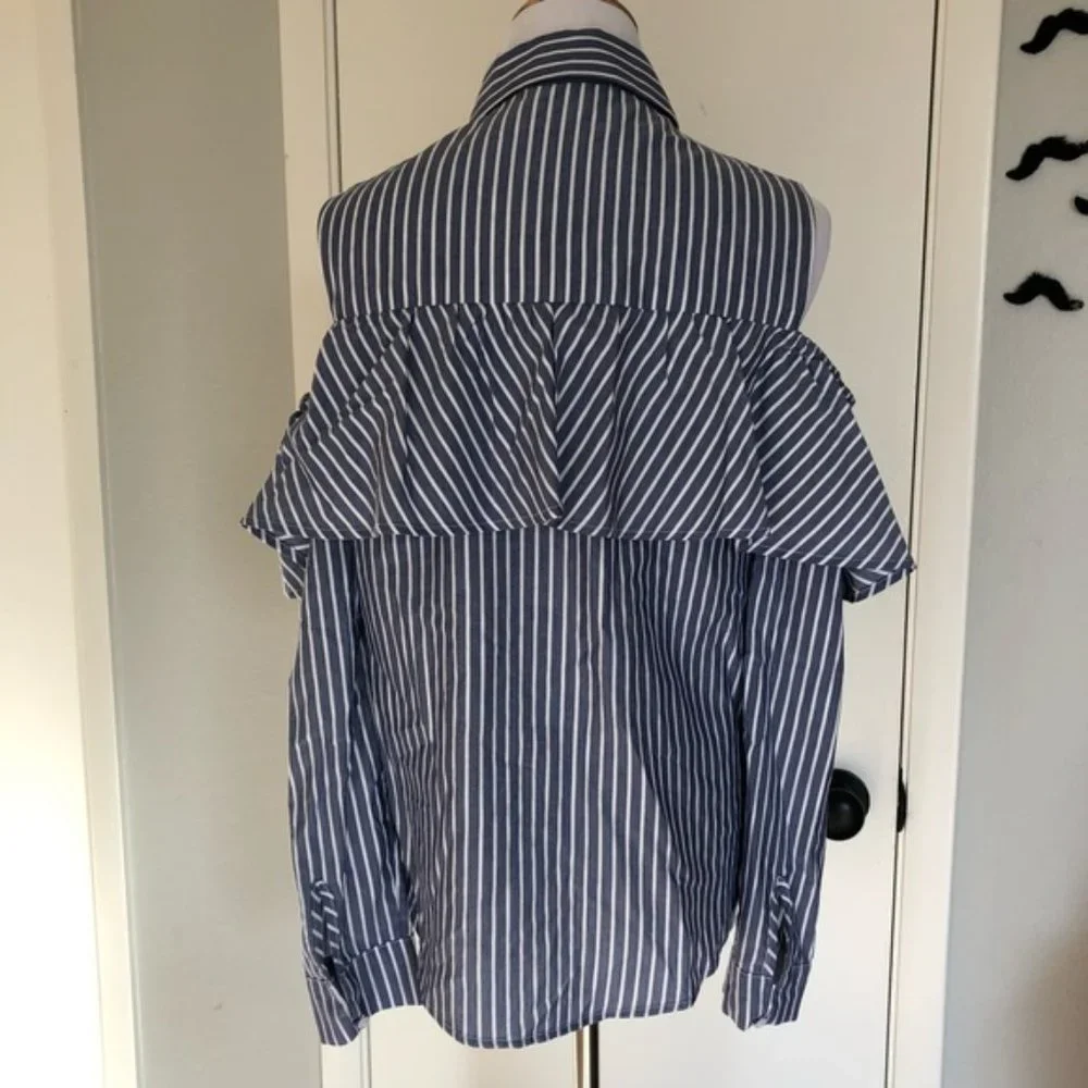 Harlowe & Graham Blue White Striped Cold Shoulder Long Sleeve Button Down Blouse - Picture 6 of 9